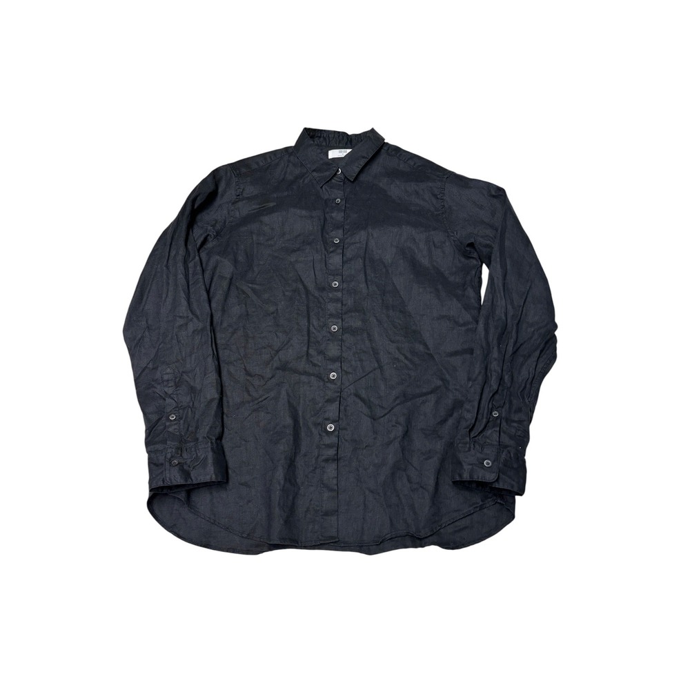 Uniqlo Women Black 100% Linen Long Sleeve Button Down Shirt Size M 464732